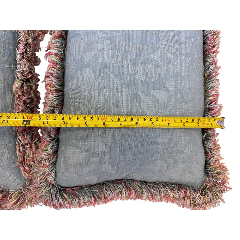 Blue Damask Lumbar Throw Pillows Down Filled Set of 2 w/Multi Color Brush Fringe